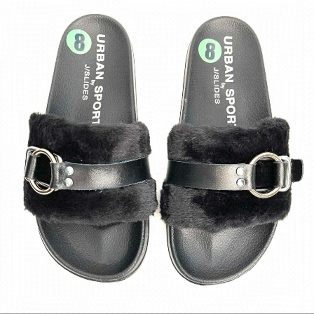 New J/Slides Black Faux Fur Slide Sandals US 8